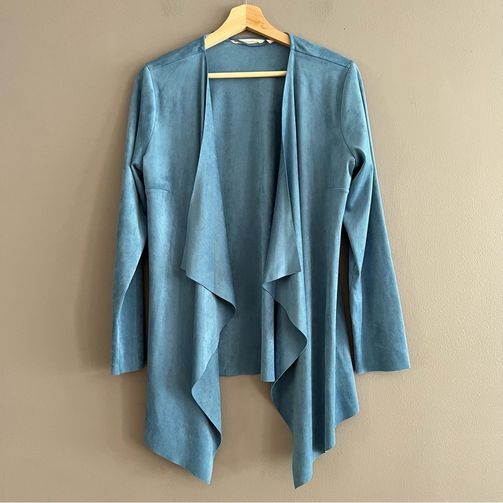 Soft Surroundings Womens Waterfall Cardigan Faux Micro Suede Baby Blue Size S